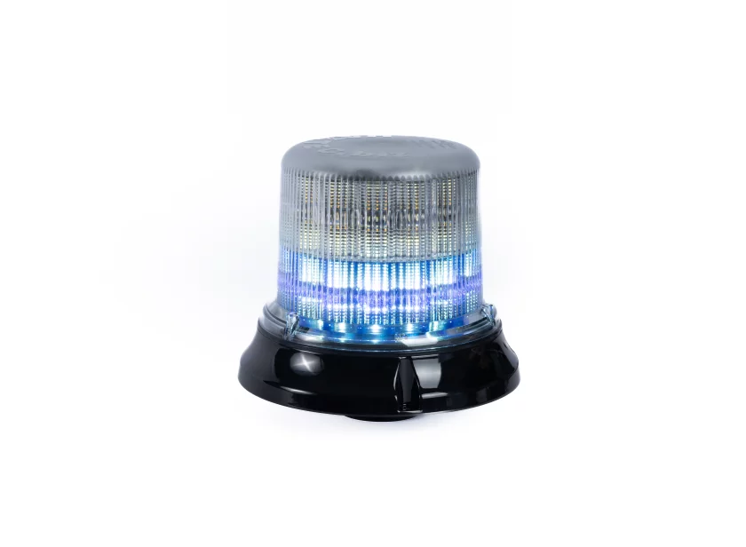 Blauwe Haztec Impact DR LED beacon in werking met heldere lens van Marelko